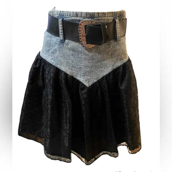 Vintage Dresses & Skirts - Vintage America America lace and jean mini skirt